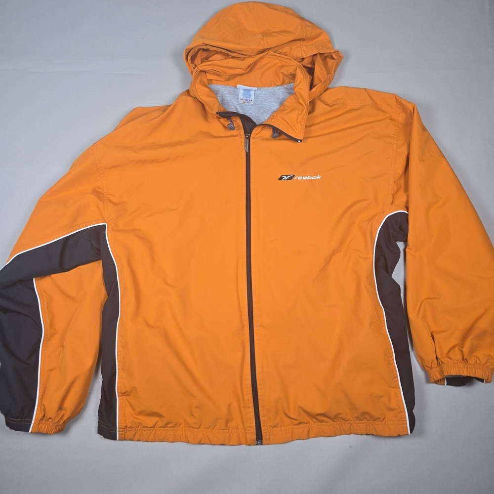 Vintage Reebok Windbreaker Jacket Mens XL Orange Hooded Y2K Vector Logo Full Zip